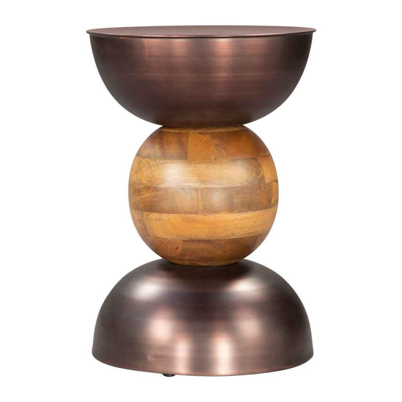 20" Bronze and Brown Iron and Solid Wood Round Pedestal End Table