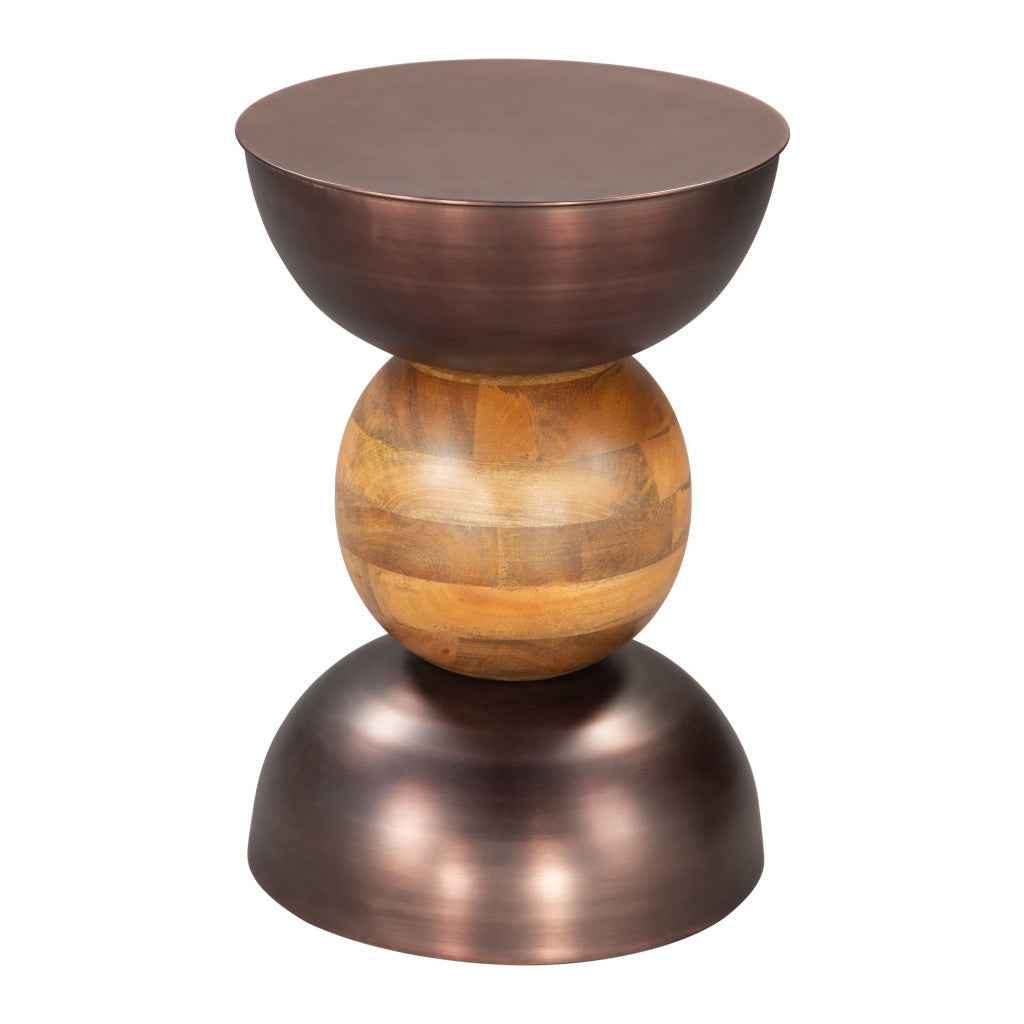 20" Bronze and Brown Iron and Solid Wood Round Pedestal End Table