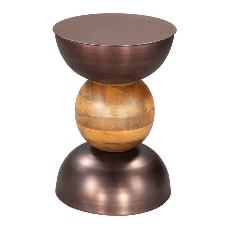 20" Bronze and Brown Iron and Solid Wood Round Pedestal End Table