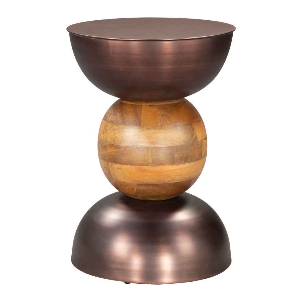 20" Bronze and Brown Iron and Solid Wood Round Pedestal End Table