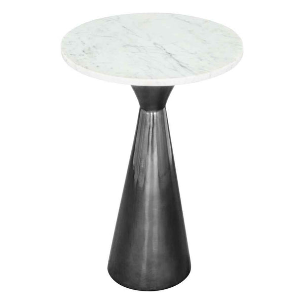 23" White And Black Marble And Steel Round Pedestal End Table