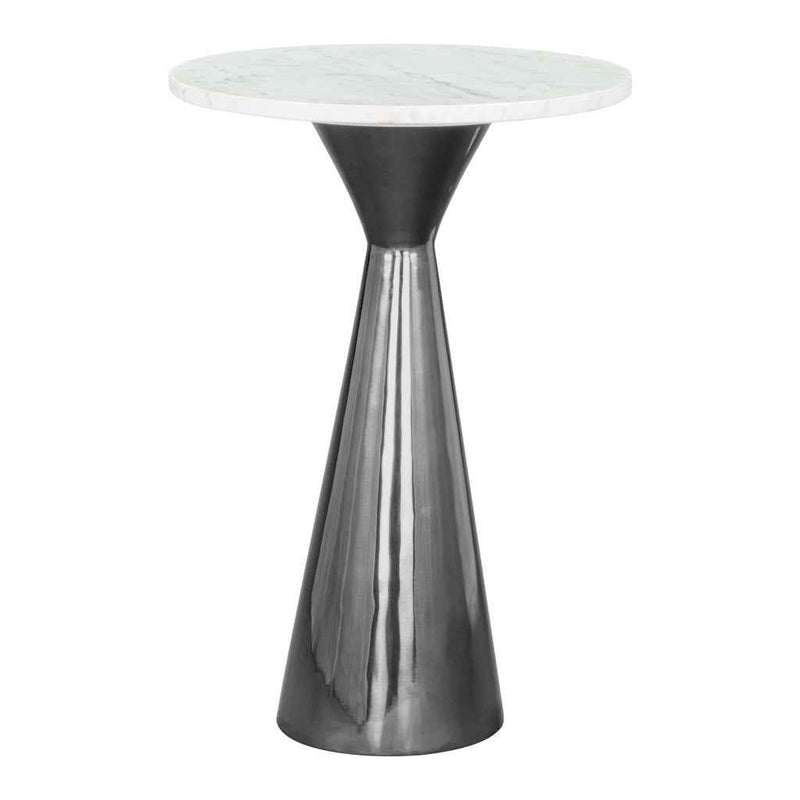 23" White And Black Marble And Steel Round Pedestal End Table