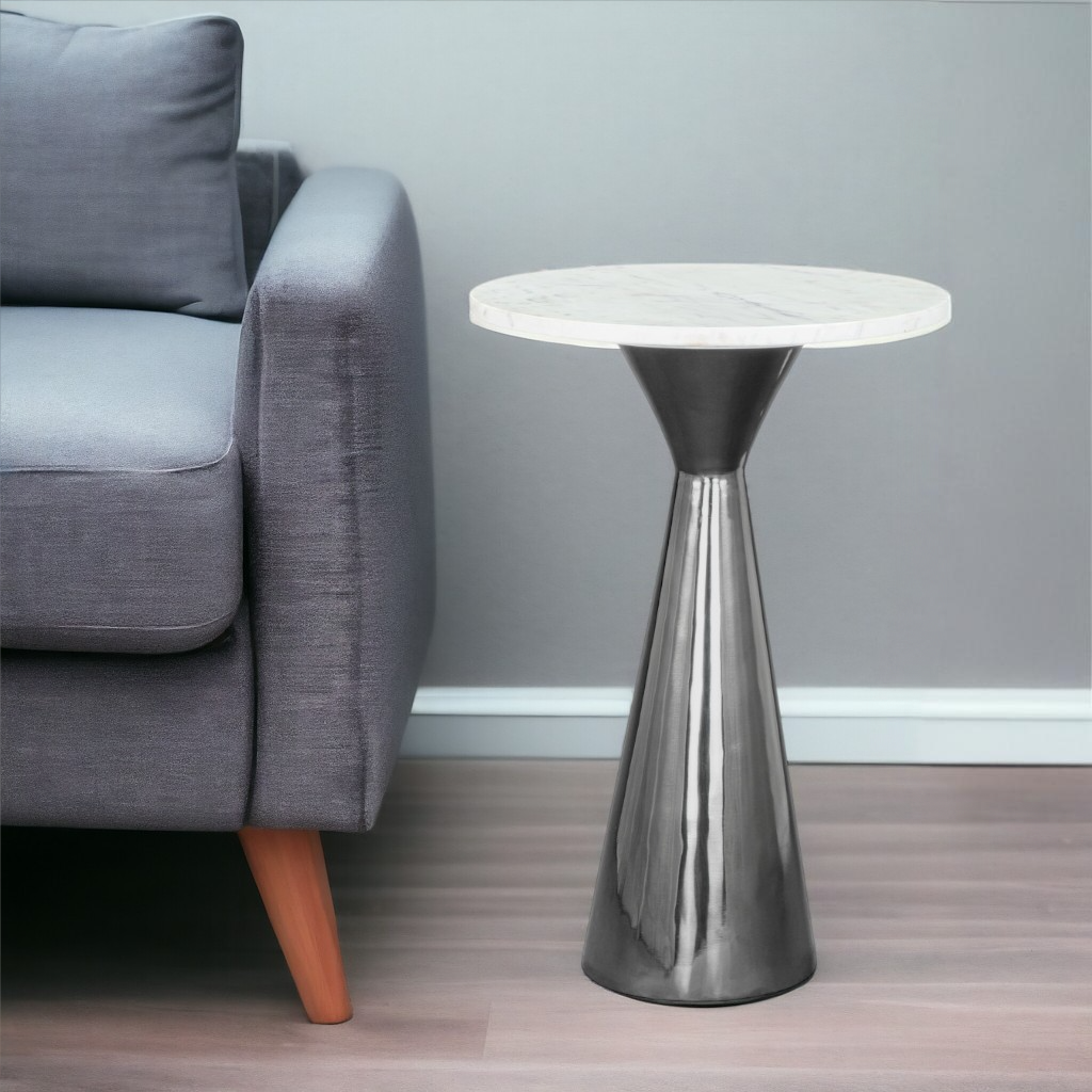 23" White And Black Marble And Steel Round Pedestal End Table