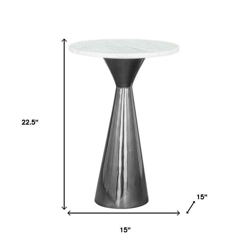 23" White And Black Marble And Steel Round Pedestal End Table