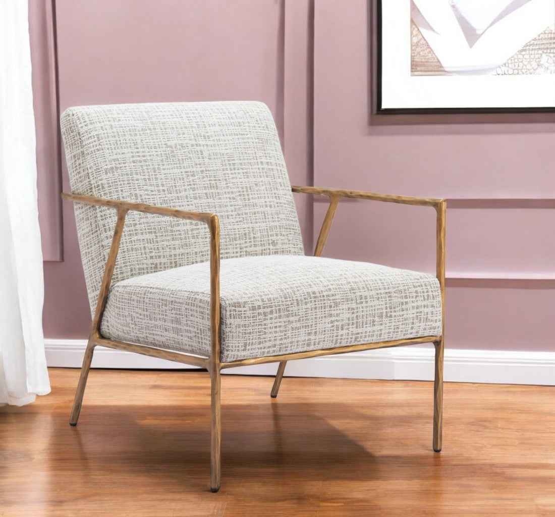 25" Beige And Gold Upholstered Arm Chair
