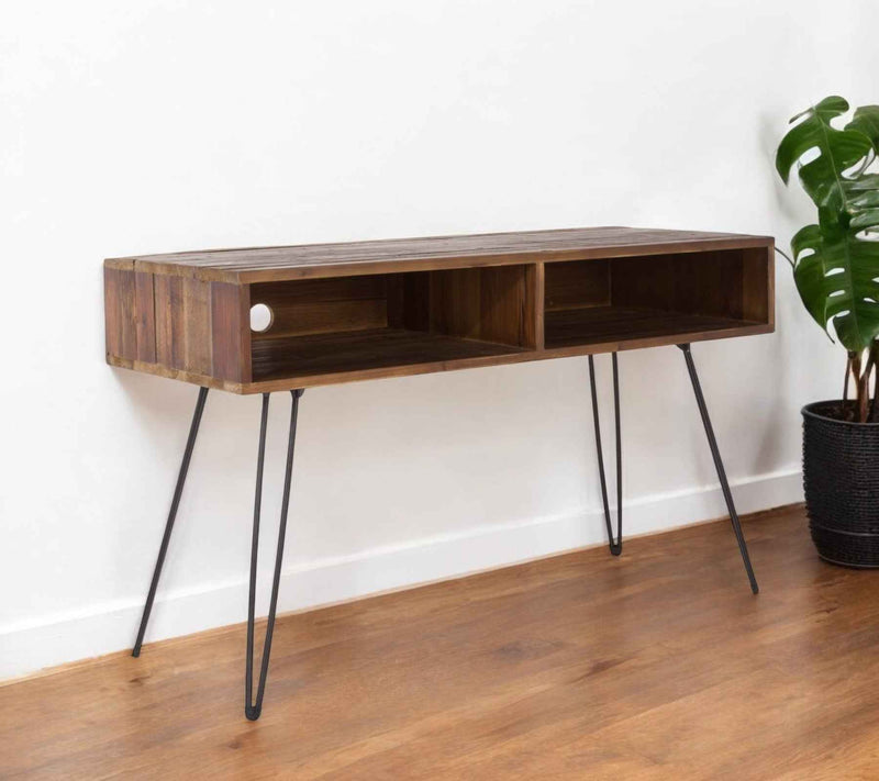 48" Black And Brown Metal And Reclaimed Wood Open Shelving TV Stand