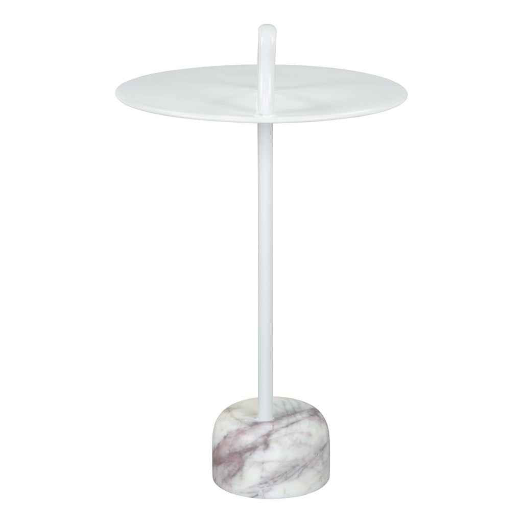 25" White Iron And Marble Round Pedestal End Table
