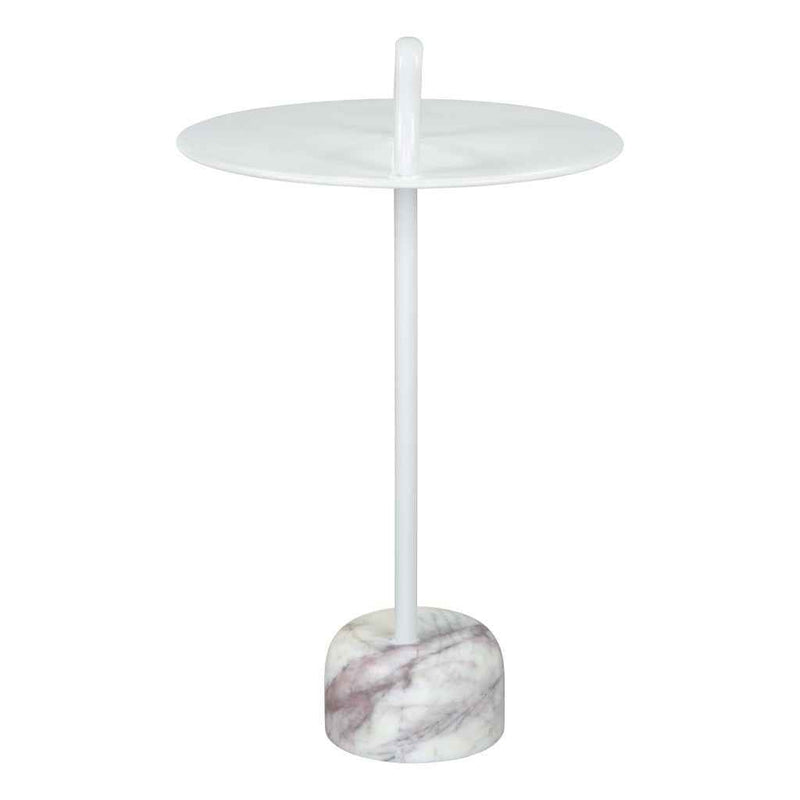 25" White Iron And Marble Round Pedestal End Table