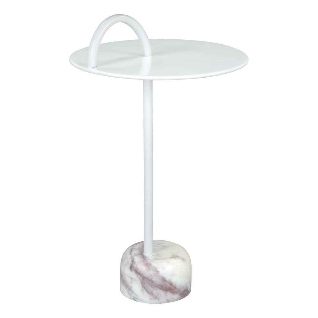 25" White Iron And Marble Round Pedestal End Table