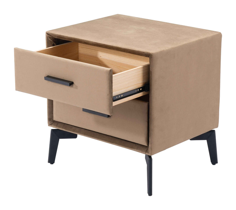 20" Brown and Black Velvet Wood and Steel End Table With Two Drawers