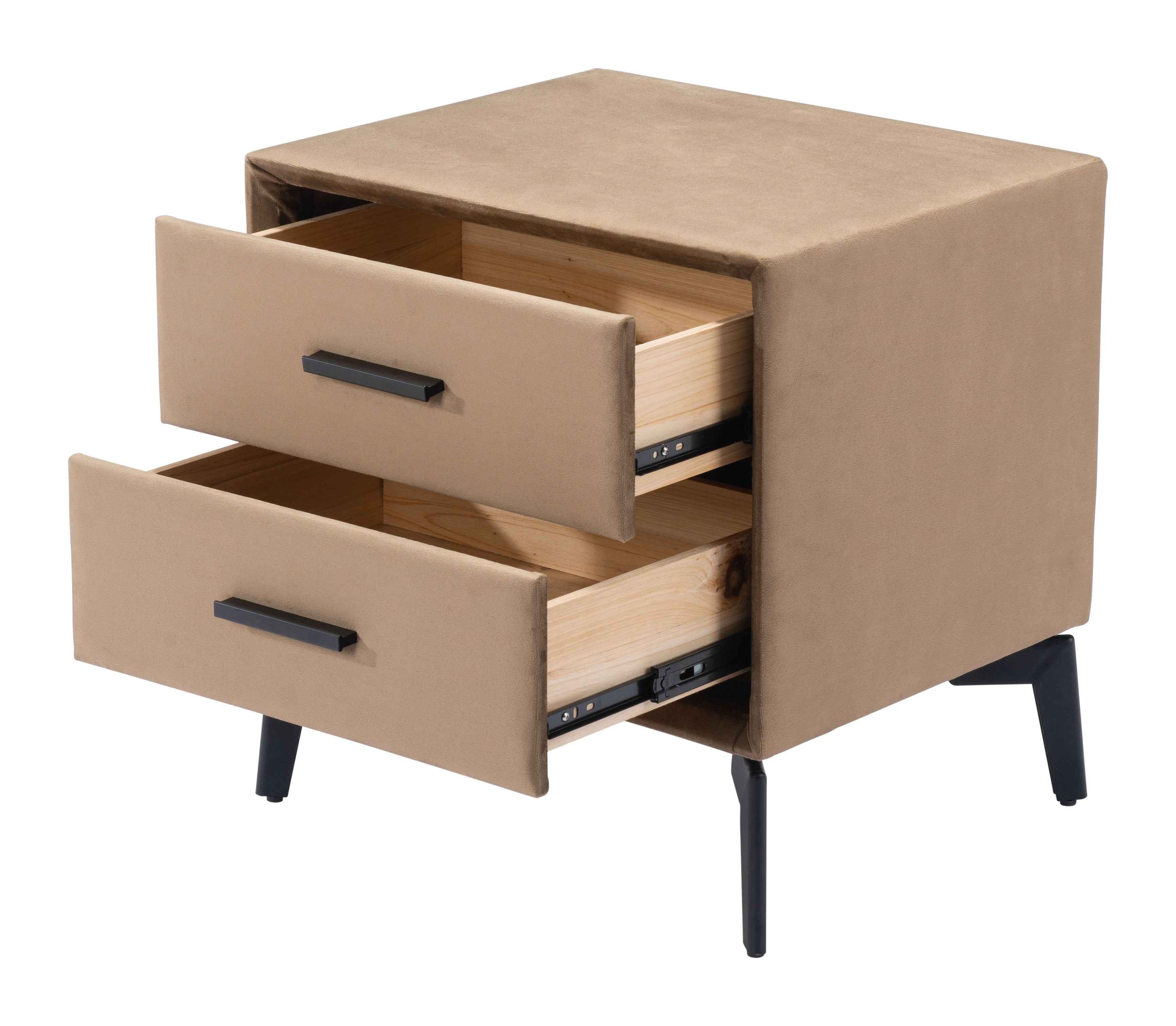 20" Brown and Black Velvet Wood and Steel End Table With Two Drawers