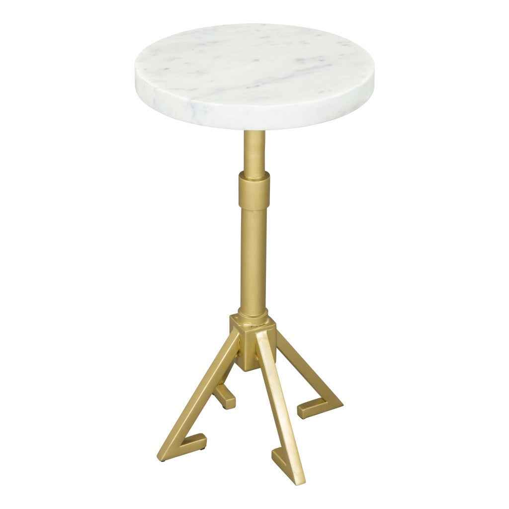 22" White And Gold Marble And Iron Round Pedestal End Table