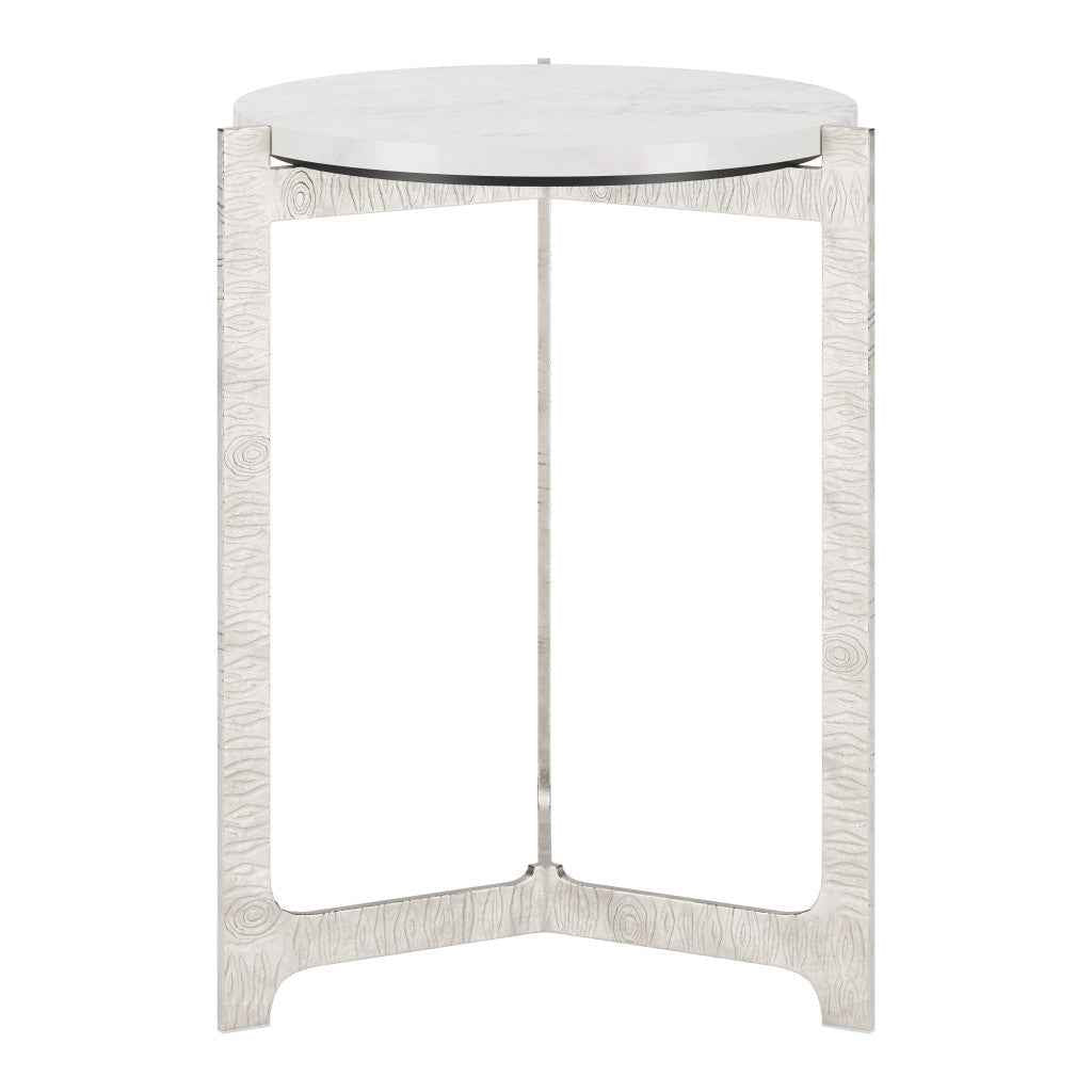 25" White And Silver Marble And Aluminum Round Cross Legs End Table