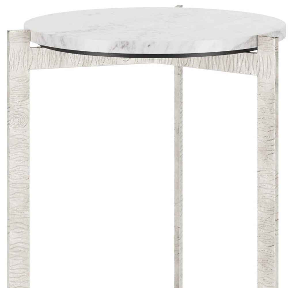 25" White And Silver Marble And Aluminum Round Cross Legs End Table