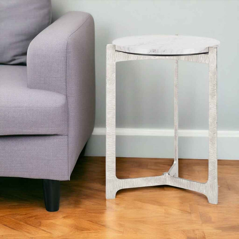 25" White And Silver Marble And Aluminum Round Cross Legs End Table