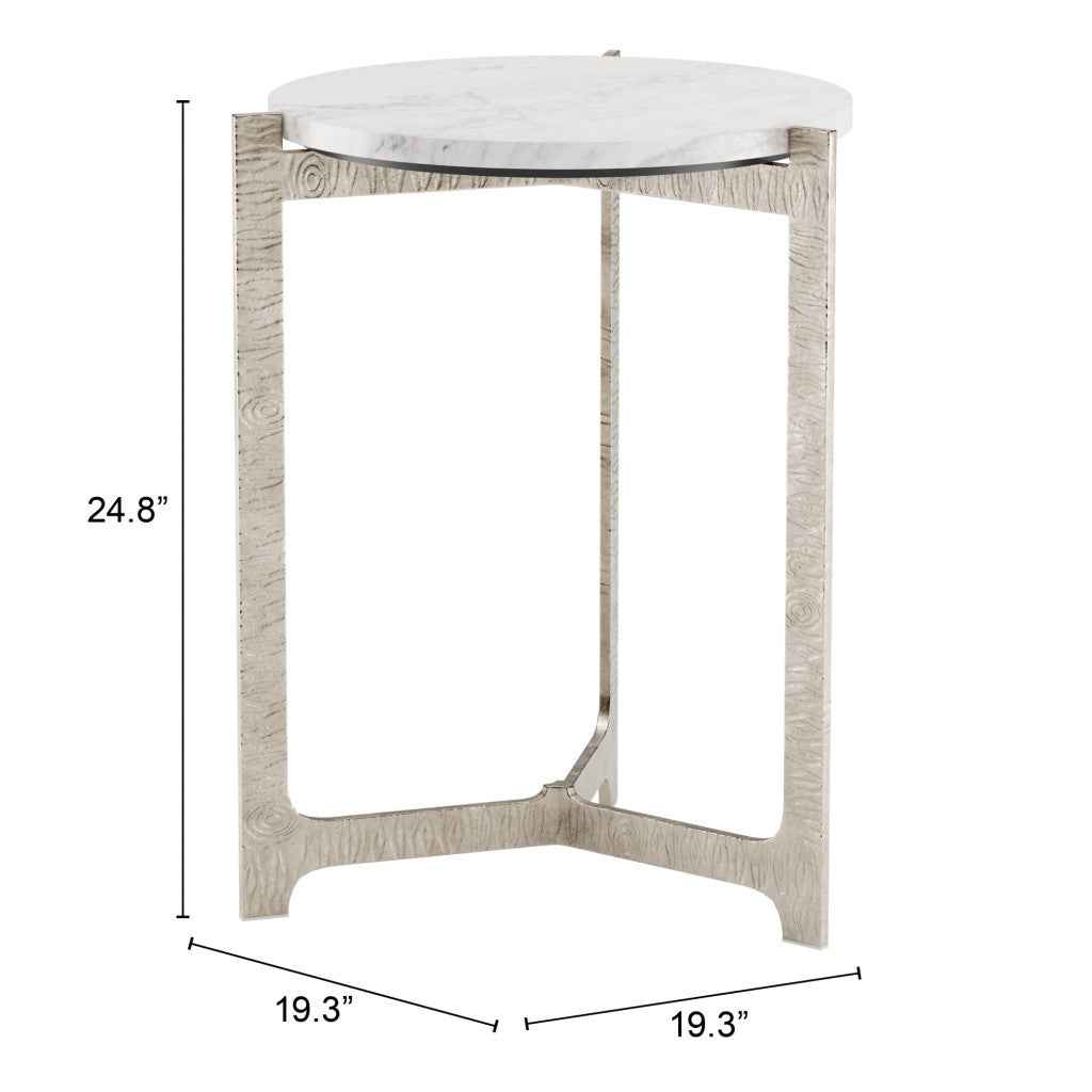 25" White And Silver Marble And Aluminum Round Cross Legs End Table