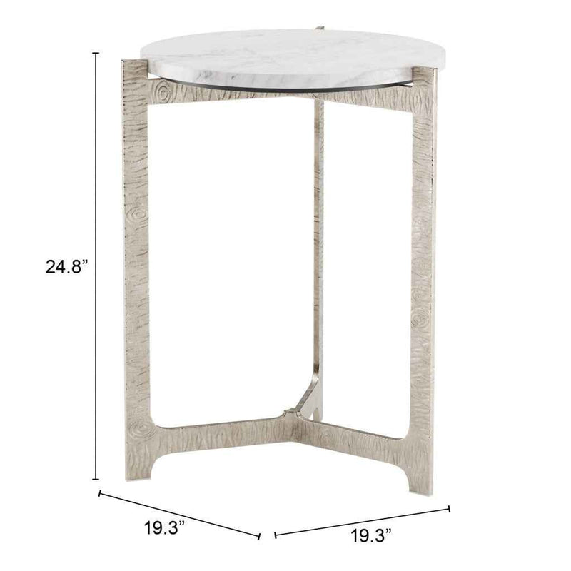 25" White And Silver Marble And Aluminum Round Cross Legs End Table