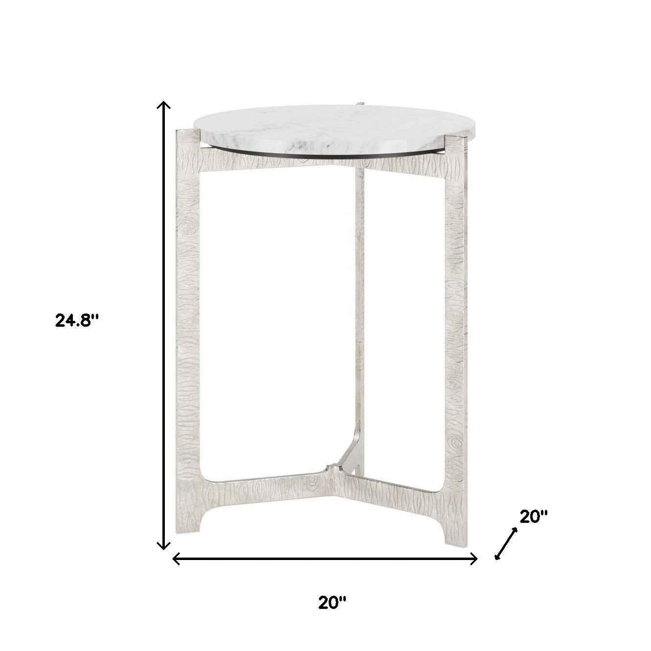 25" White And Silver Marble And Aluminum Round Cross Legs End Table