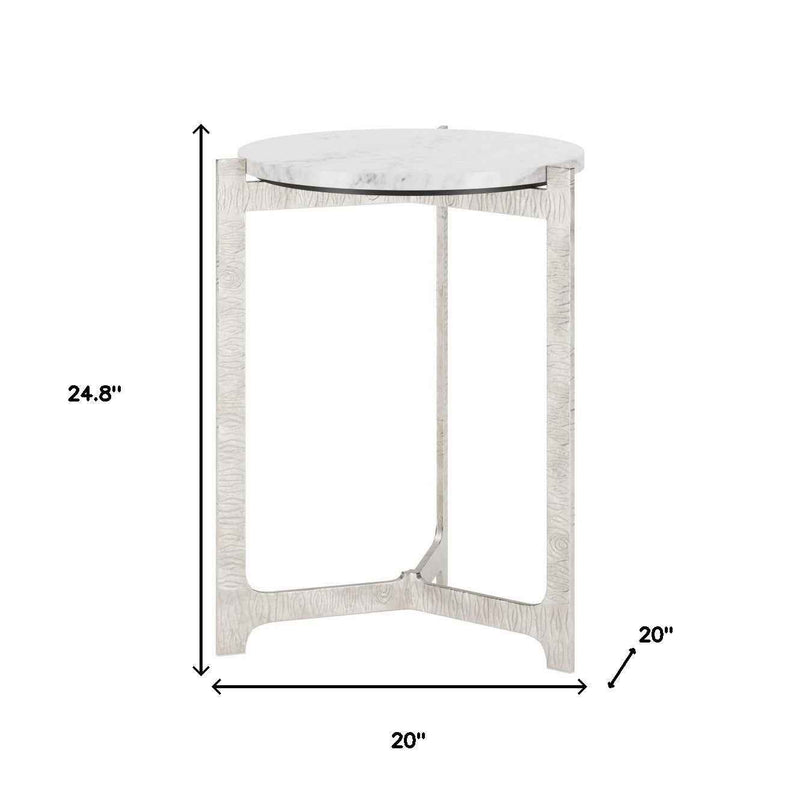 25" White And Silver Marble And Aluminum Round Cross Legs End Table