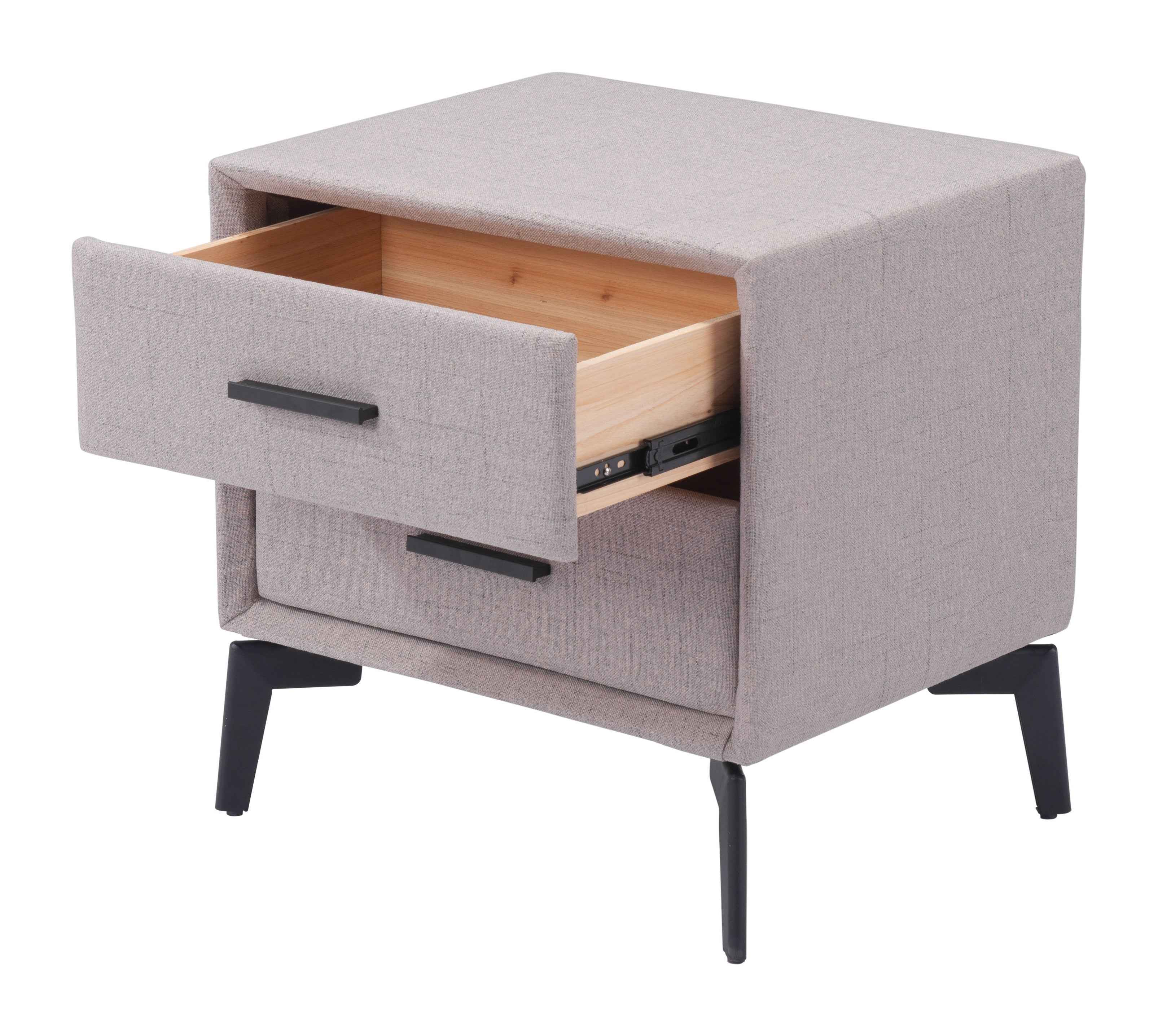 20" Gray and Black Fabric Wood and Steel End Table With Two Drawers