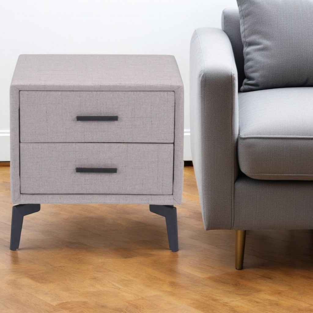 20" Gray and Black Fabric Wood and Steel End Table With Two Drawers