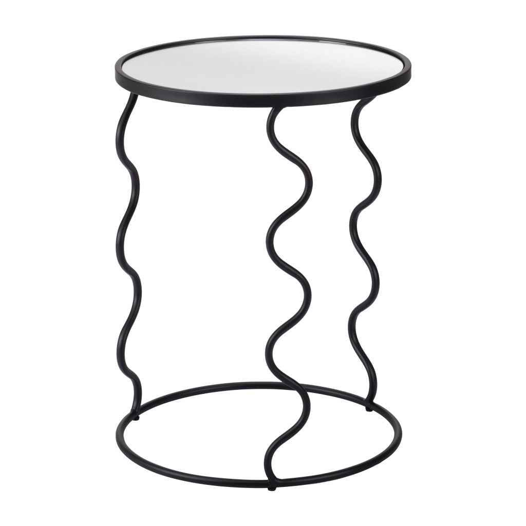 24" Black Mirrored Glass and Steel Round Abstract End Table