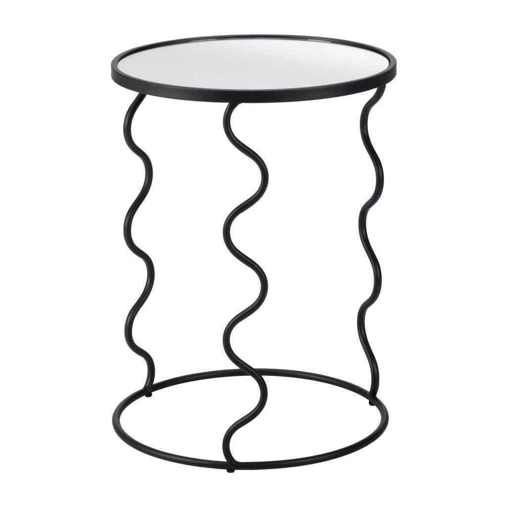 24" Black Mirrored Glass and Steel Round Abstract End Table