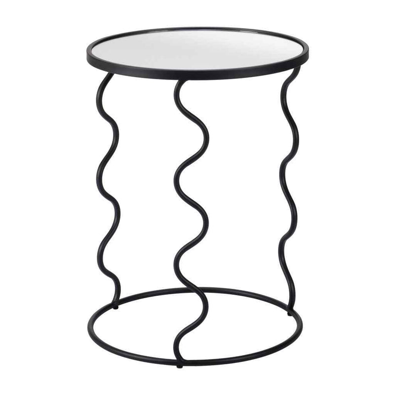 24" Black Mirrored Glass and Steel Round Abstract End Table