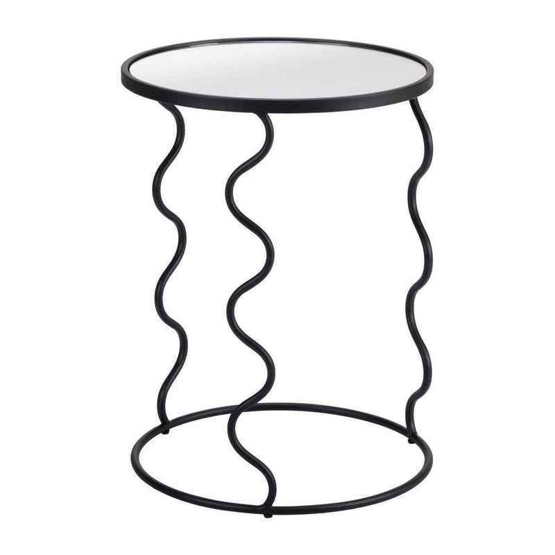 24" Black Mirrored Glass and Steel Round Abstract End Table