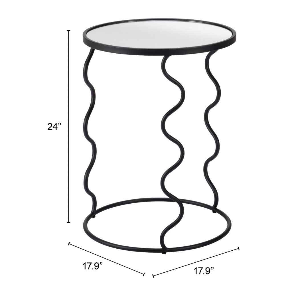 24" Black Mirrored Glass and Steel Round Abstract End Table