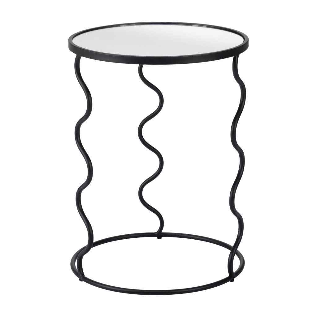 24" Black Mirrored Glass and Steel Round Abstract End Table