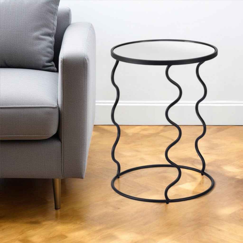 24" Black Mirrored Glass and Steel Round Abstract End Table
