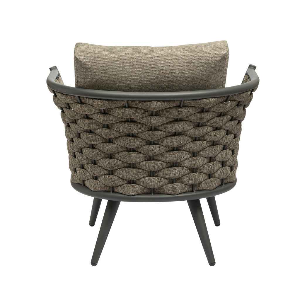 32" Gray And Taupe Woven Aluminum Outdoor Arm Chair with Taupe Cushion
