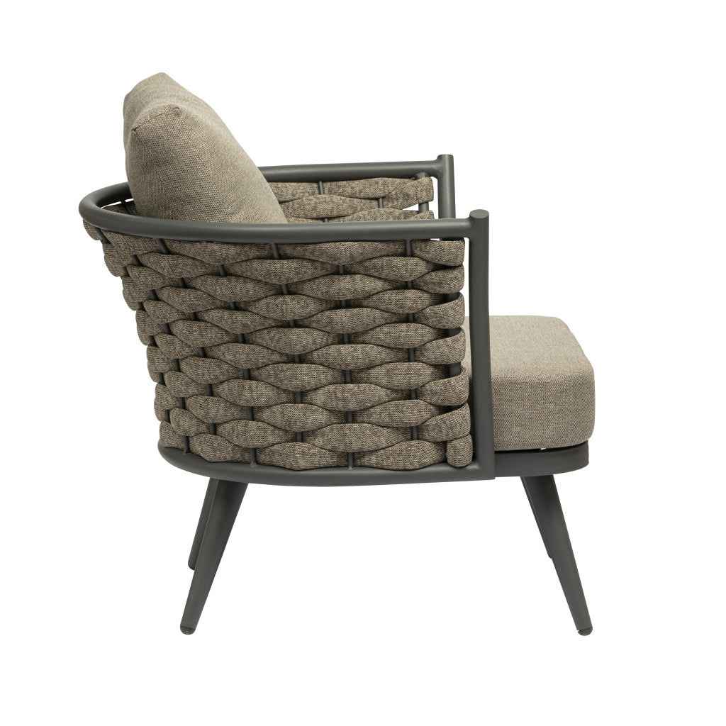 32" Gray And Taupe Woven Aluminum Outdoor Arm Chair with Taupe Cushion