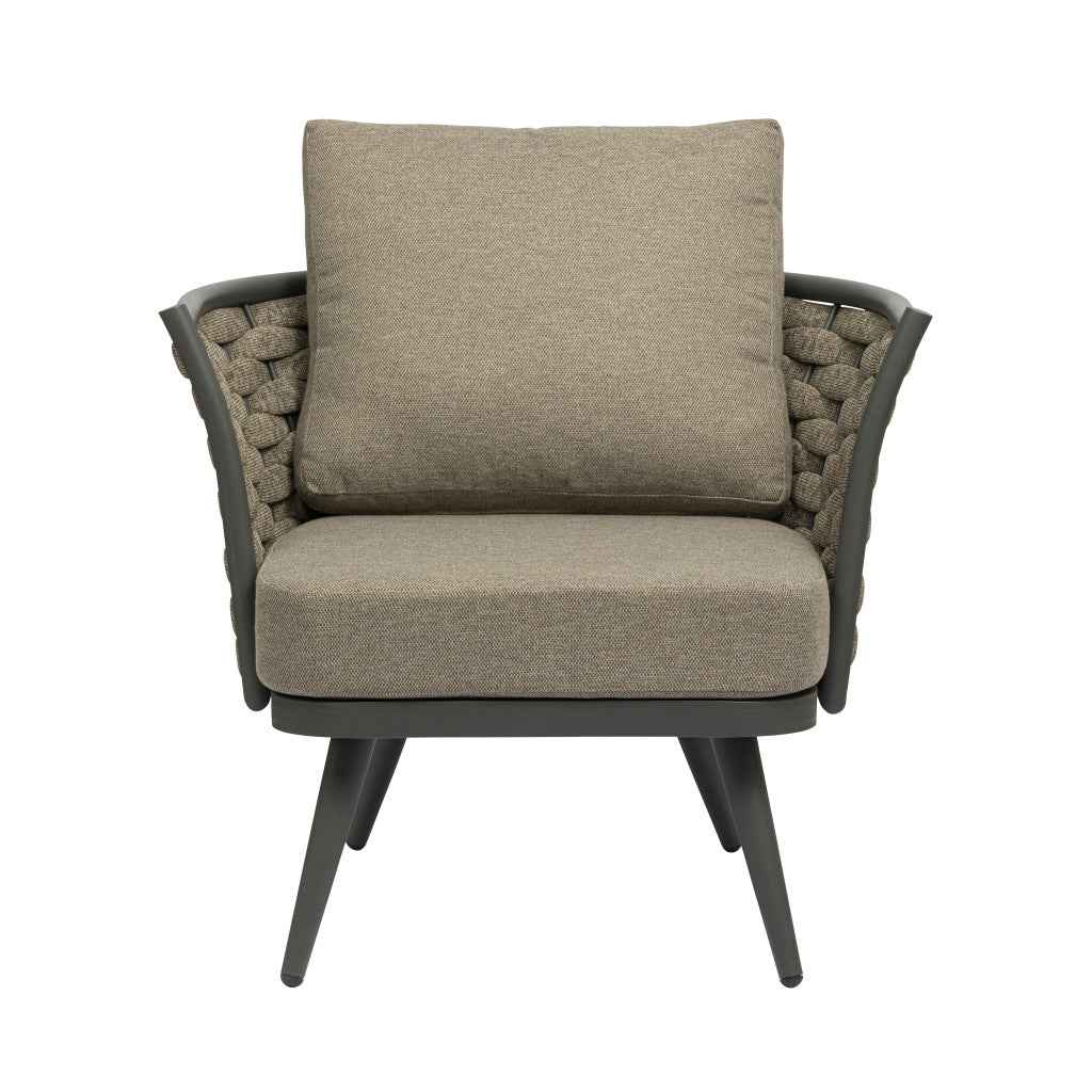 32" Gray And Taupe Woven Aluminum Outdoor Arm Chair with Taupe Cushion
