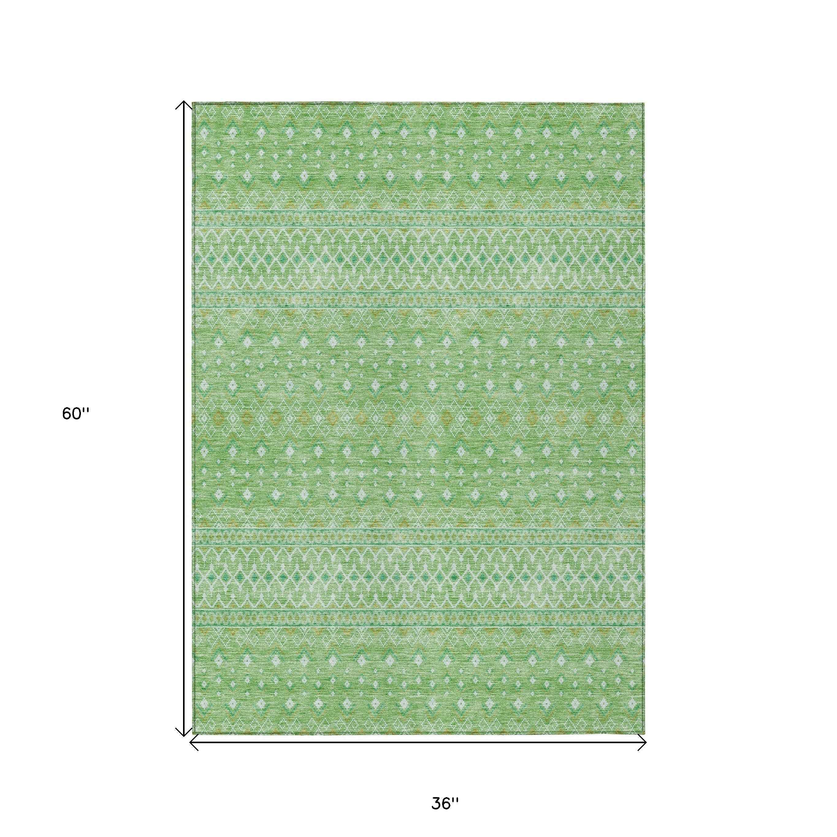 3' X 5' Green And Mint Green Tribal Washable Indoor Outdoor Area Rug