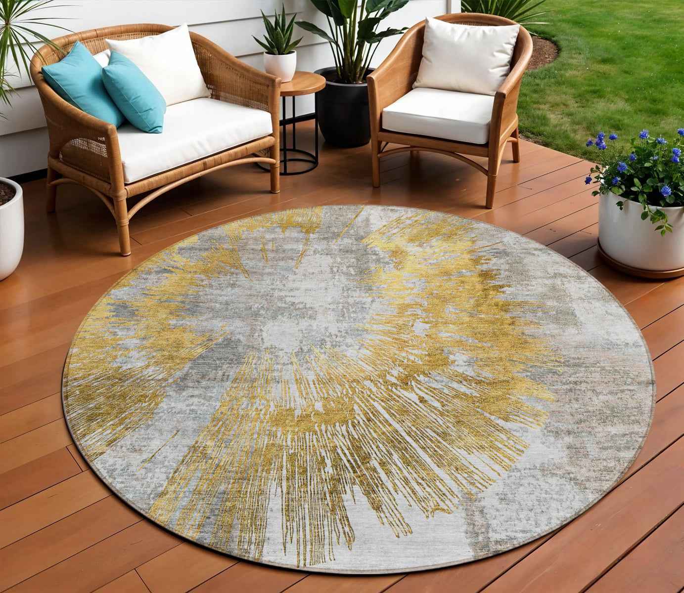 8' Gold Beige And Ivory Round Abstract Washable Indoor Outdoor Area Rug