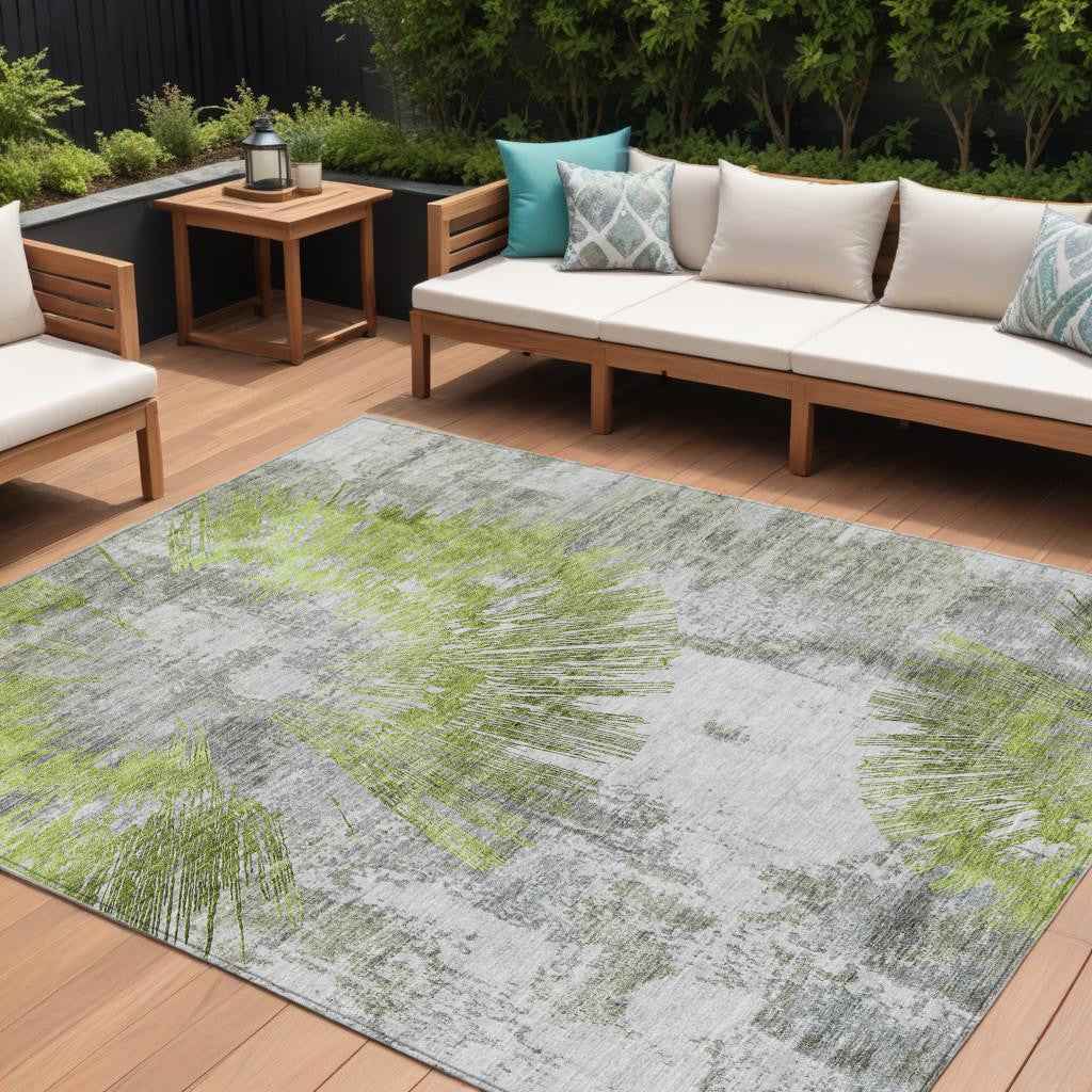 8' X 10' Artichoke Green Gray And Charcoal Abstract Washable Indoor Outdoor Area Rug