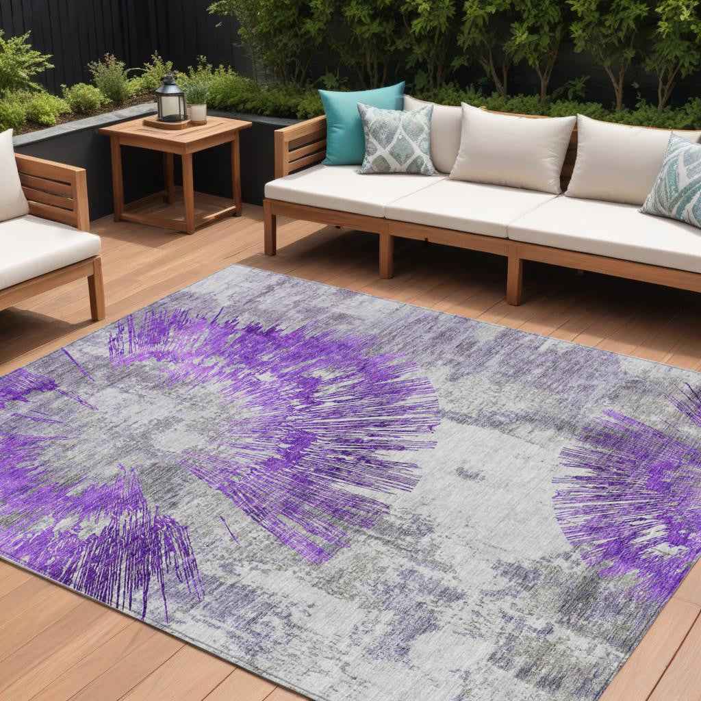 8' X 10' Purple Gray And Charcoal Abstract Washable Indoor Outdoor Area Rug