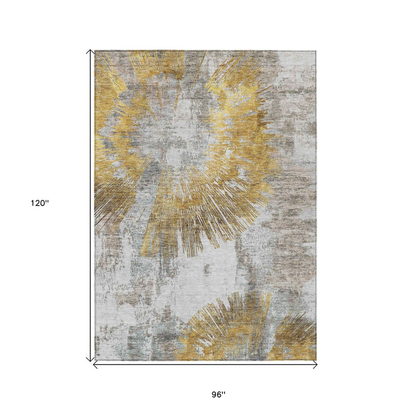 8' X 10' Gold Beige And Ivory Abstract Washable Indoor Outdoor Area Rug