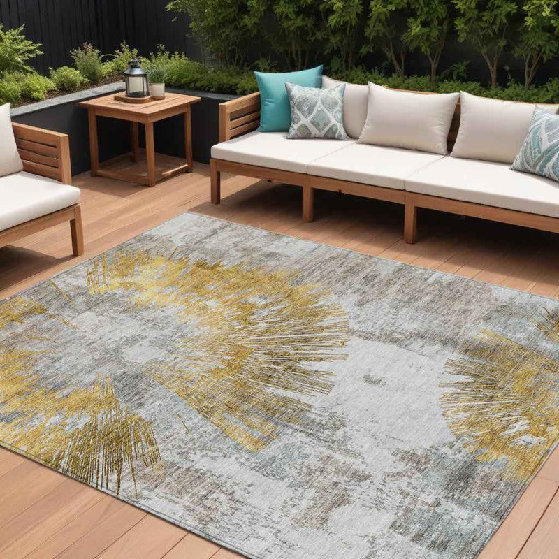 8' X 10' Gold Beige And Ivory Abstract Washable Indoor Outdoor Area Rug
