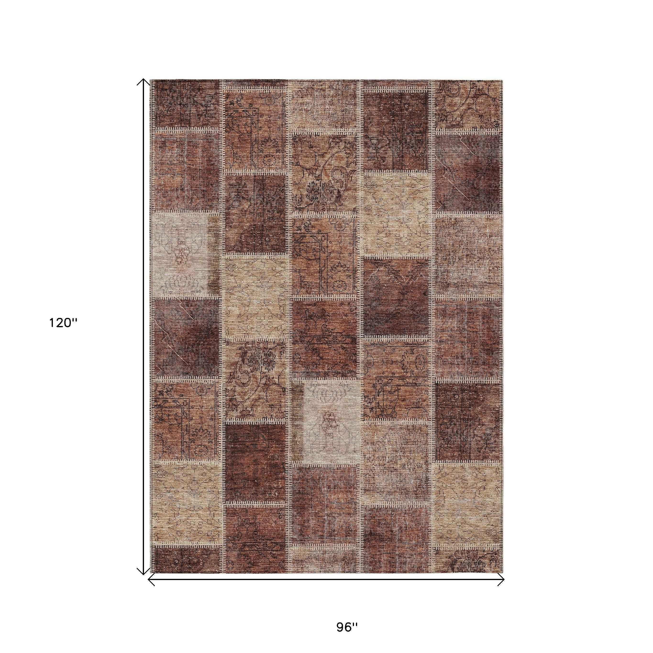 8' X 10' Orange Copper And Beige Patchwork Washable Indoor Outdoor Area Rug