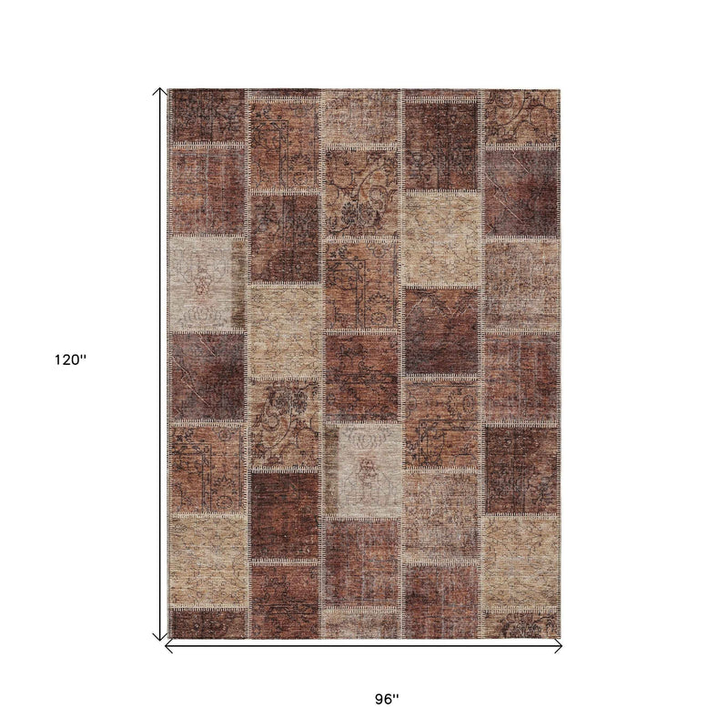 8' X 10' Orange Copper And Beige Patchwork Washable Indoor Outdoor Area Rug