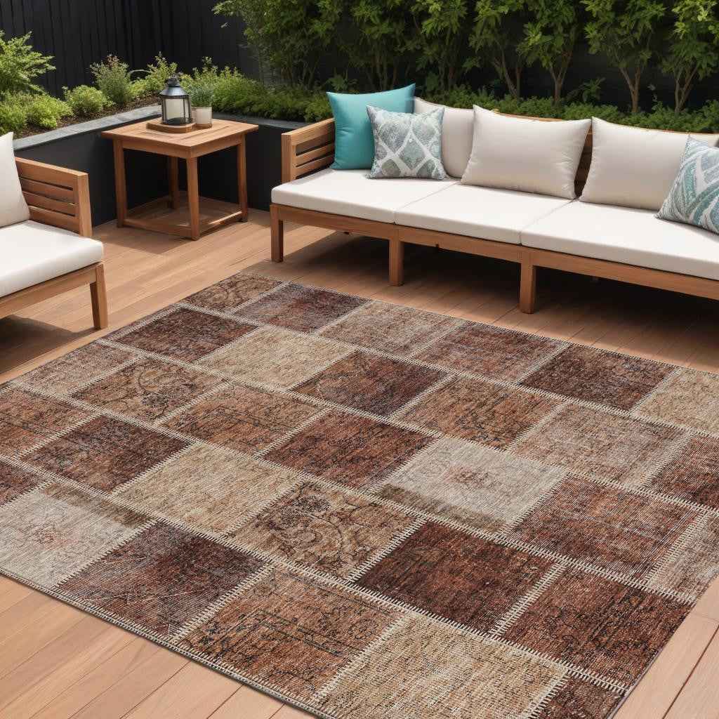 8' X 10' Orange Copper And Beige Patchwork Washable Indoor Outdoor Area Rug