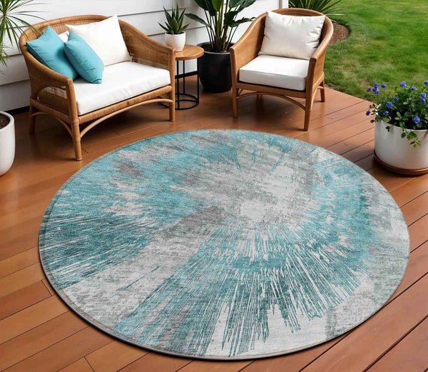 8' Teal Blue Aqua And Gray Round Abstract Washable Indoor Outdoor Area Rug