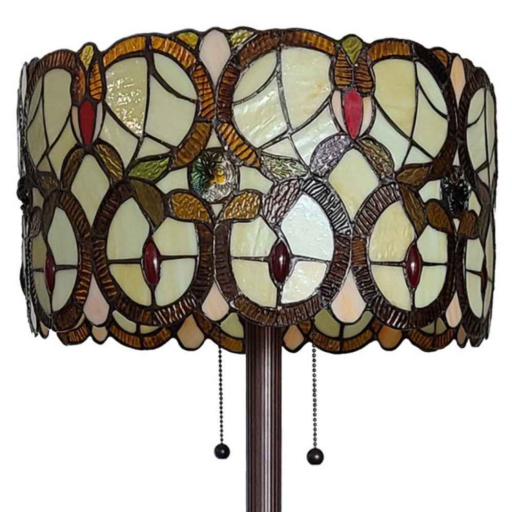 63" Beige Metal Two Light Torchiere Floor Lamp With Red And White Flowers Glass Drum Shade