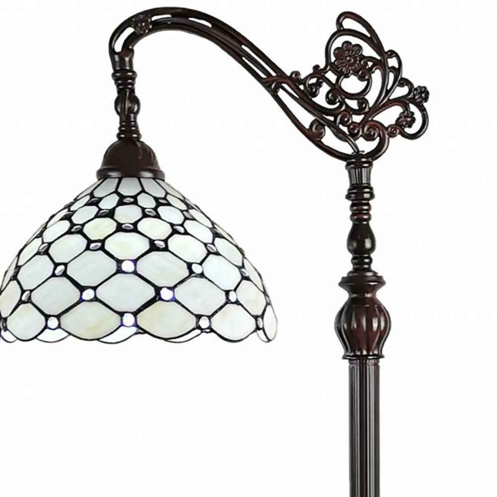 62" Brown And White Metal Floor Lamp With White Glass Bowl Shade