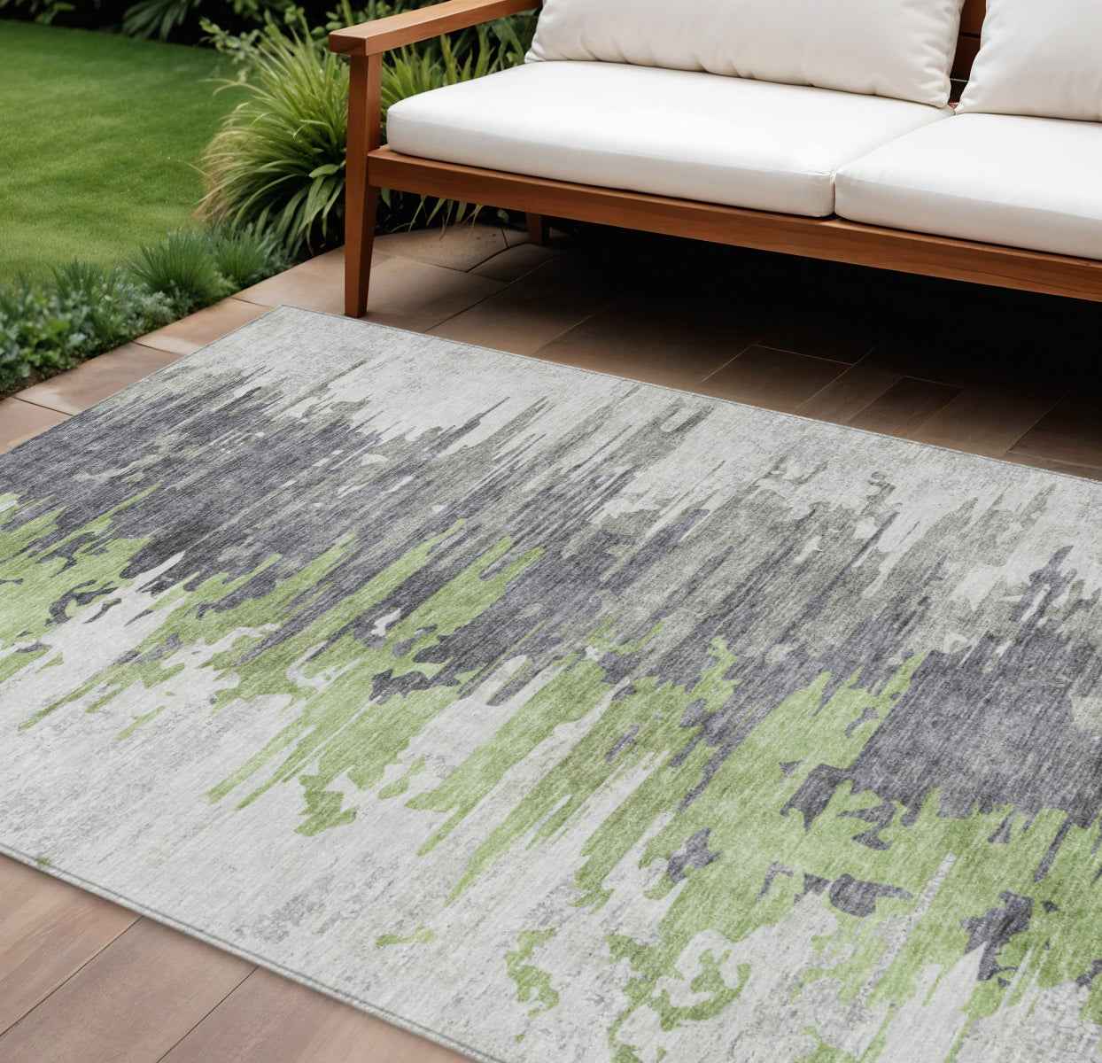 9' X 12' Green And Silver Abstract Washable Indoor Outdoor Area Rug