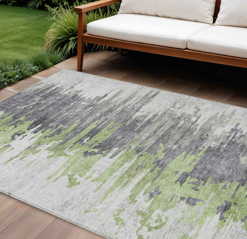 9' X 12' Green And Silver Abstract Washable Indoor Outdoor Area Rug