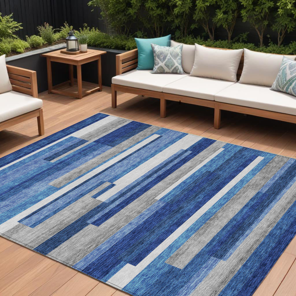 10' X 14' Navy Blue And Denim Blue Striped Washable Indoor Outdoor Area Rug - Outdoor